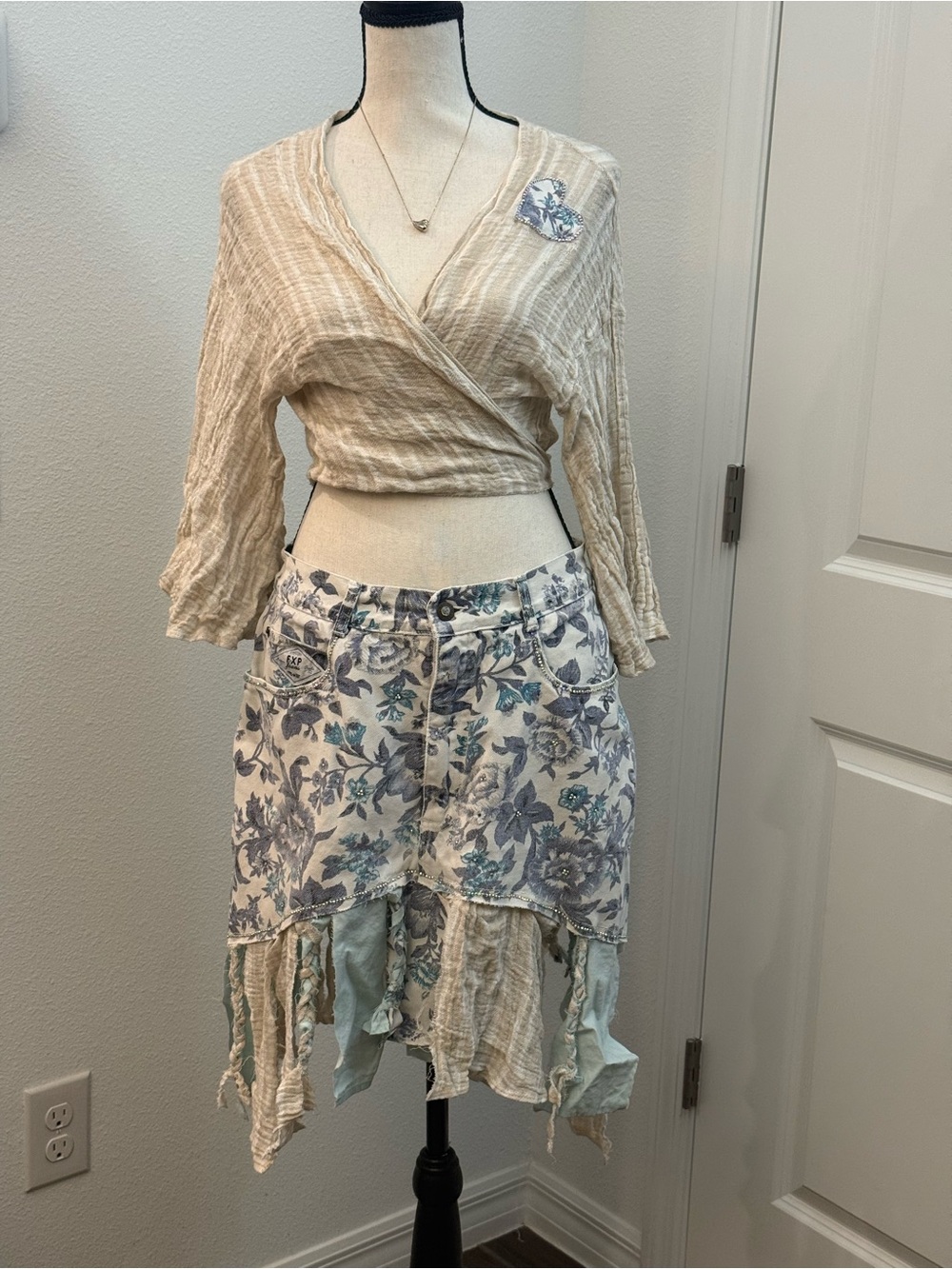 Boho Floral handmade Asymmetric Skirt in Cream and Blue